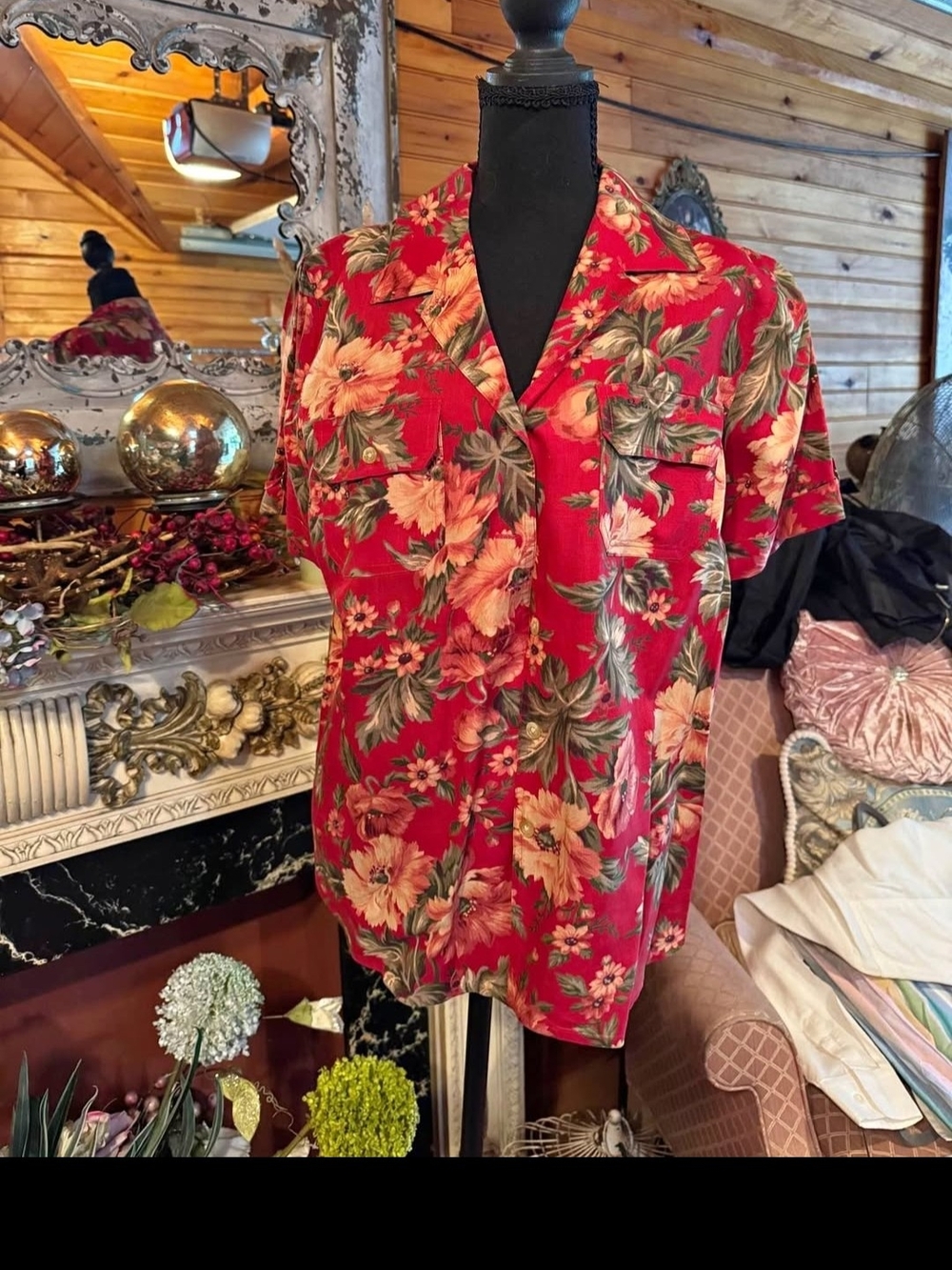 Ralph Lauren Red Floral Short-Sleeve Button-Down Shirt. Two For One Low Price!